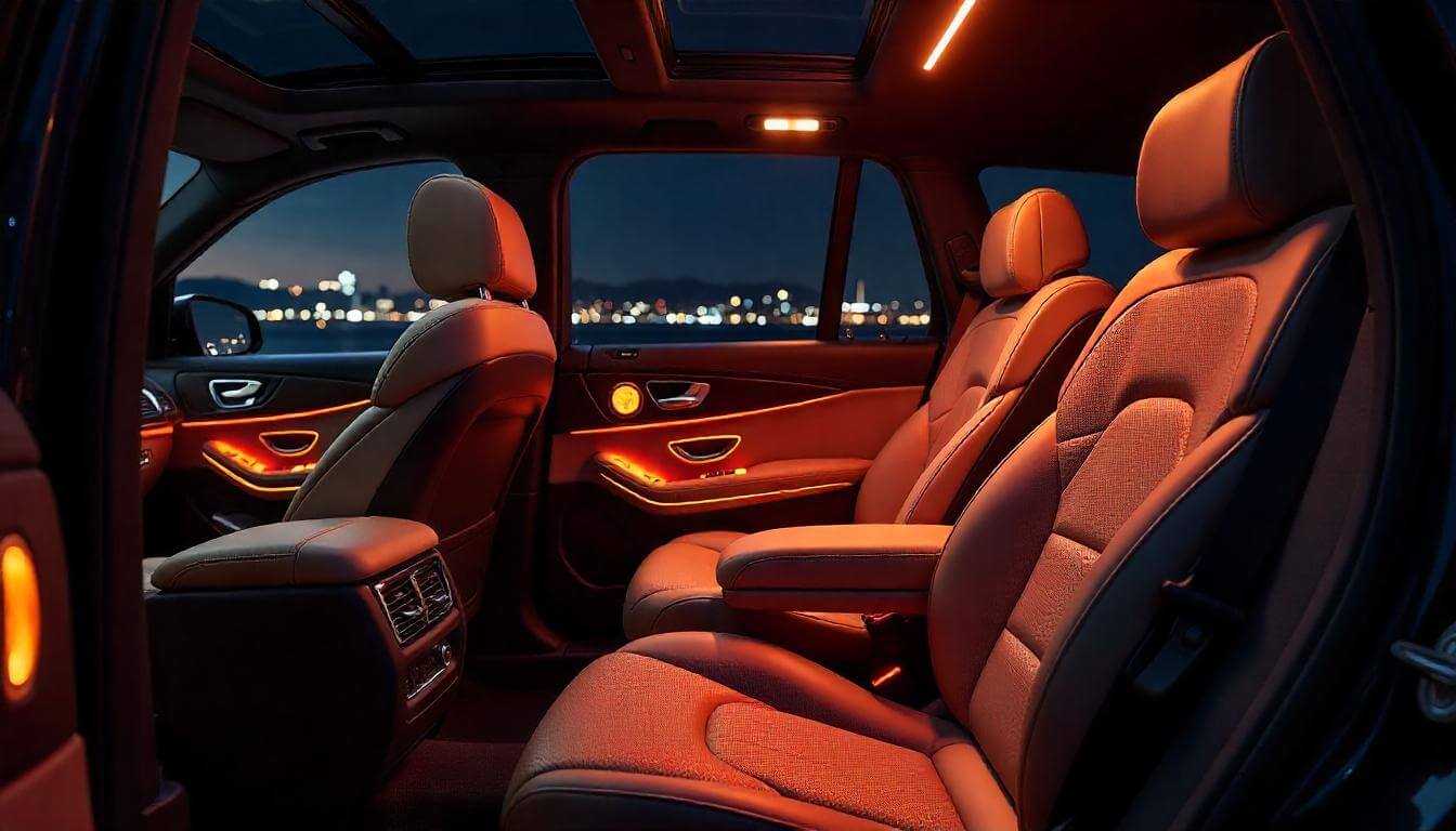 Салон Mercedes-Benz Maybach GLS ночью, подчеркивающий роскошь в 2025 году.