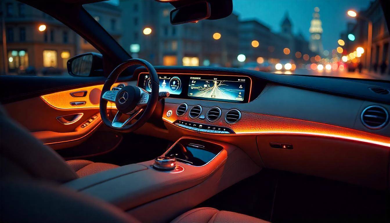 Салон Mercedes-Benz S-Class W223 ночью, подчеркивающий бизнес-роскошь в 2025 году.