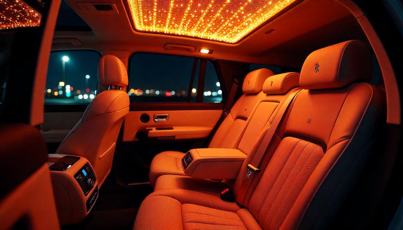 Салон Rolls-Royce Cullinan ночью, подчеркивающий люксовый внедорожник в 2025 году.