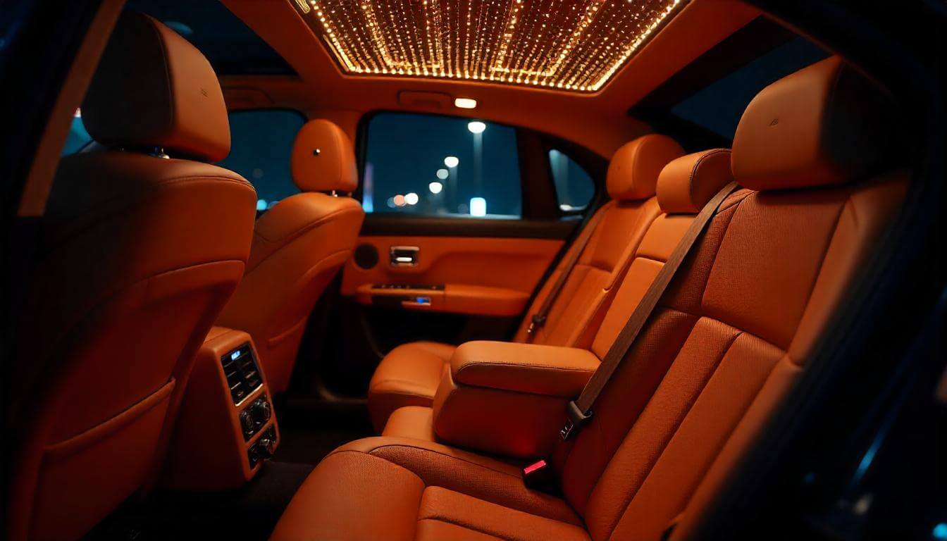 Салон Rolls-Royce Ghost ночью, подчеркивающий утонченный стиль в 2025 году.