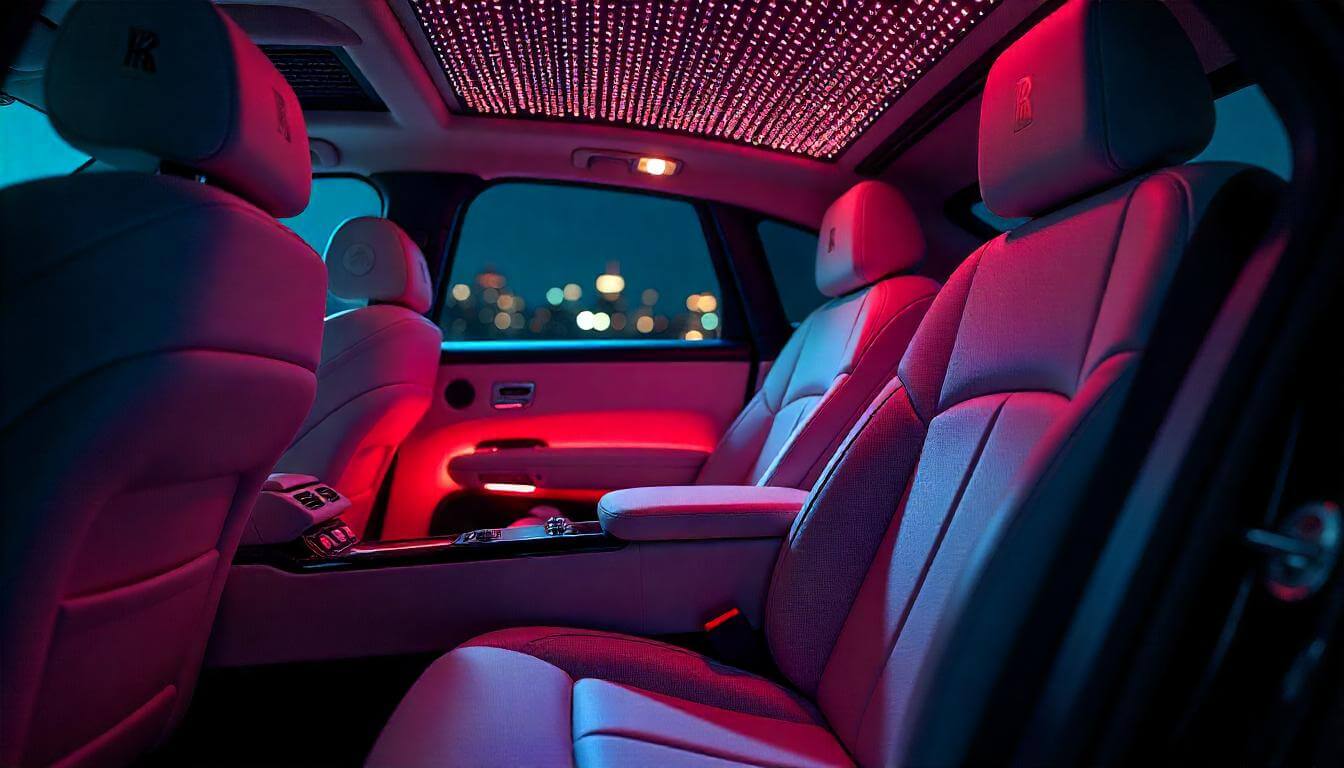 Салон Rolls-Royce Spectre ночью, подчеркивающий электрическую роскошь в 2025 году.